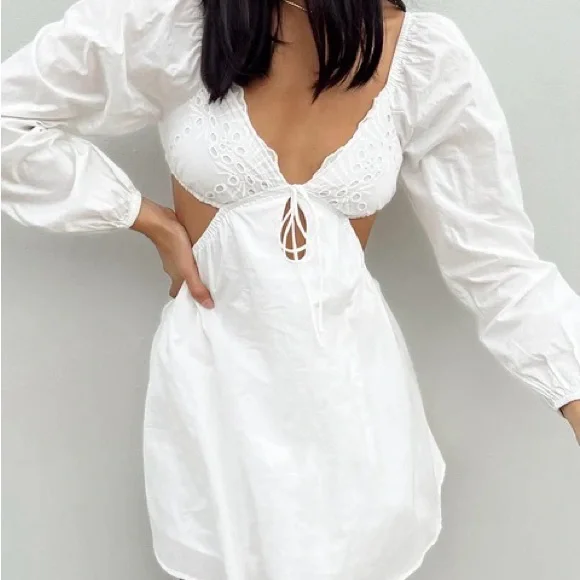 open lace back dress Roseprick Puff Sleeve Babydoll Dress White main image 0